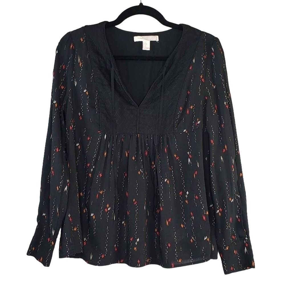 Forever 21 Women Small Black Printed Button Long Sleeve Blouse Top Boho Festival